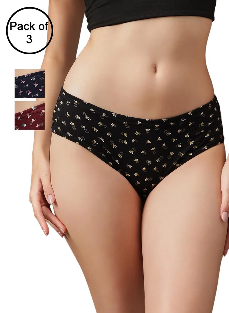 كلوفيا Pack of 3 Printed Mid Waist Hipster Panties with Inner Elastic - 100% Cotton